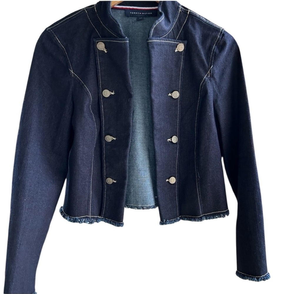 Tommy Hilfiger Dark Wash Jean Jacket, Cropped Sailor Design, Sz Lg